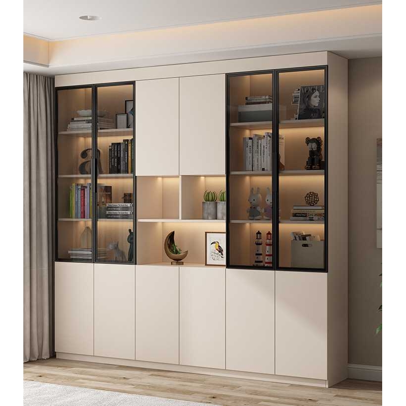 实木书柜书架一体组合带玻璃门定 制储物柜家用整墙落地展示柜书