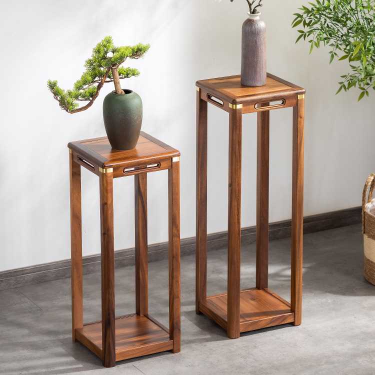 实木花架胡桃木新中式家用客厅阳台仿古花几室内置物架方形盆景架