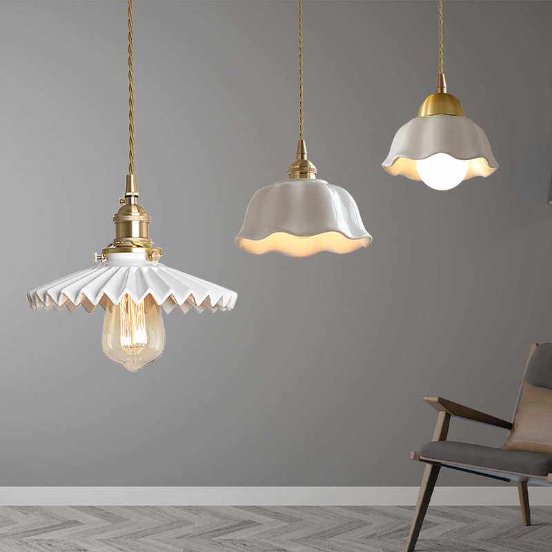 北欧白色百褶裙陶瓷吊灯日式餐厅民宿吧台床头卧室客厅复古全铜灯