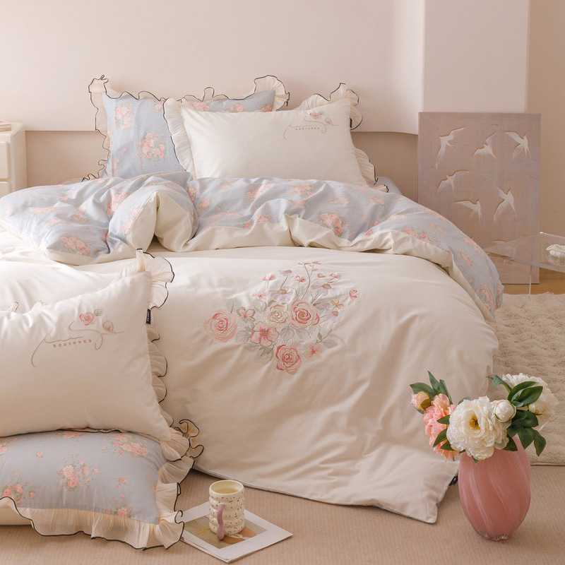 舒尊客||韩式公主全棉蕾丝花边四件套高密纯棉被套床上用品床单裸