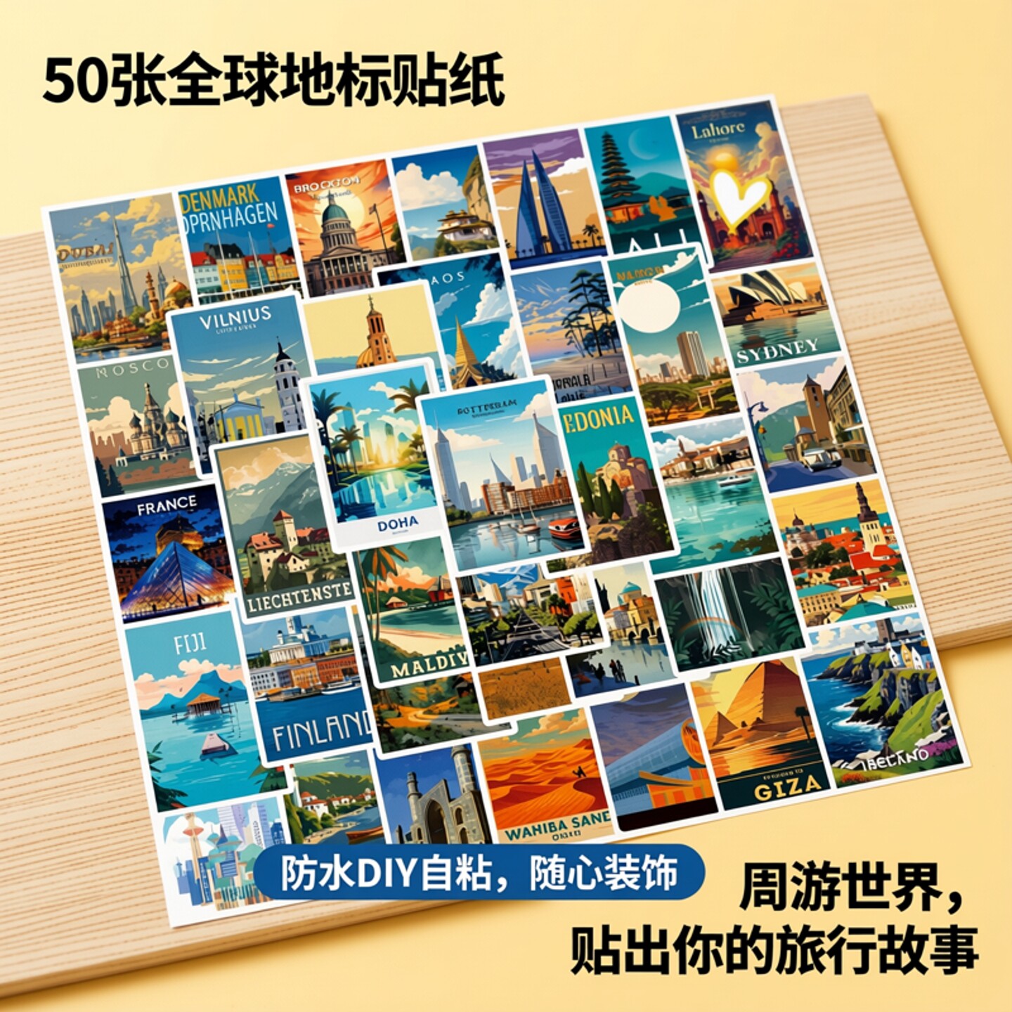 50张/2款周游世界地标贴纸旅行景点贴画涂鸦笔记本电脑自行车滑板车平板防水diy自粘旅游景点高品质不重装饰
