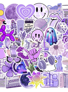 50张紫色系卡通贴纸套装可爱动漫风装饰贴纸包DIY手账素材滑板车梦幻紫涂鸦DIY平板手账本电动车汽车防水防潮