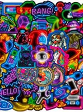 50张霓虹灯手绘防水贴纸酷炫暗紫色个性装饰贴画亚马逊跨境diy平板电脑行李箱可移贴手账手机壳防水贴画霓虹