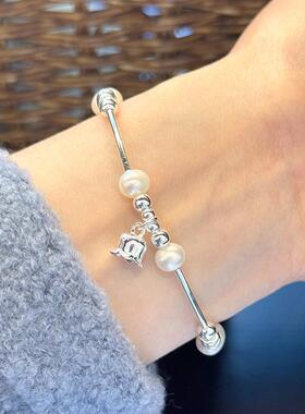 925纯银珍珠弯管铃兰花手链女简约手工串珠甜美银珠花朵手环B6799