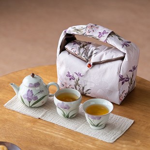 便携收纳 画续草木灰手绘鸢尾花泡茶壶一壶二杯功夫旅行R茶具套装