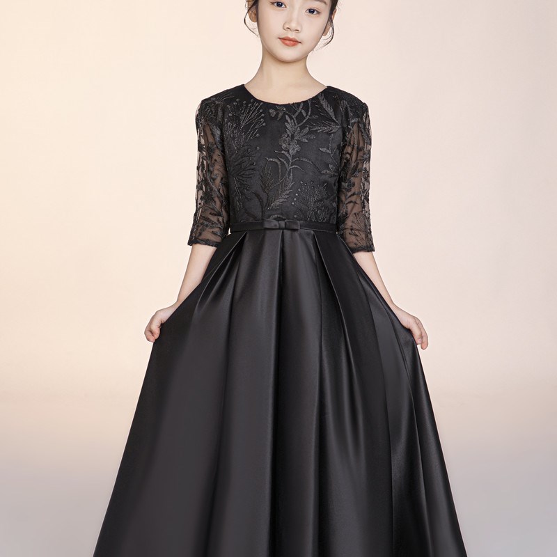 黑色女童演出礼服轻奢高端儿童洋气公主裙中国风钢琴古筝演奏服新