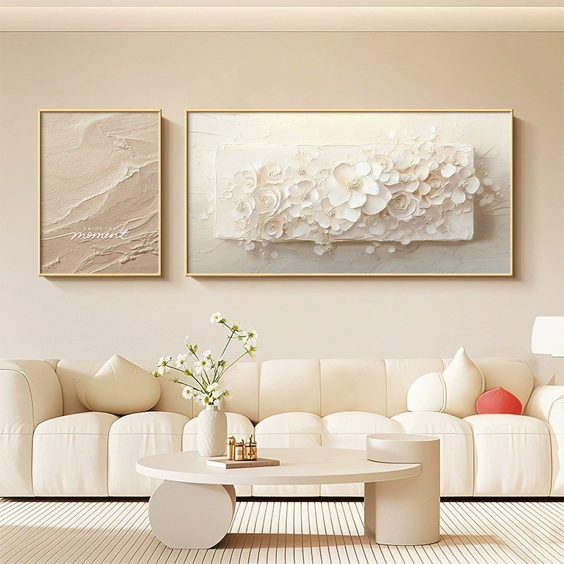 法式奶油风客厅装饰画高级感w花卉沙发背景墙挂画立体浮雕大气壁图片