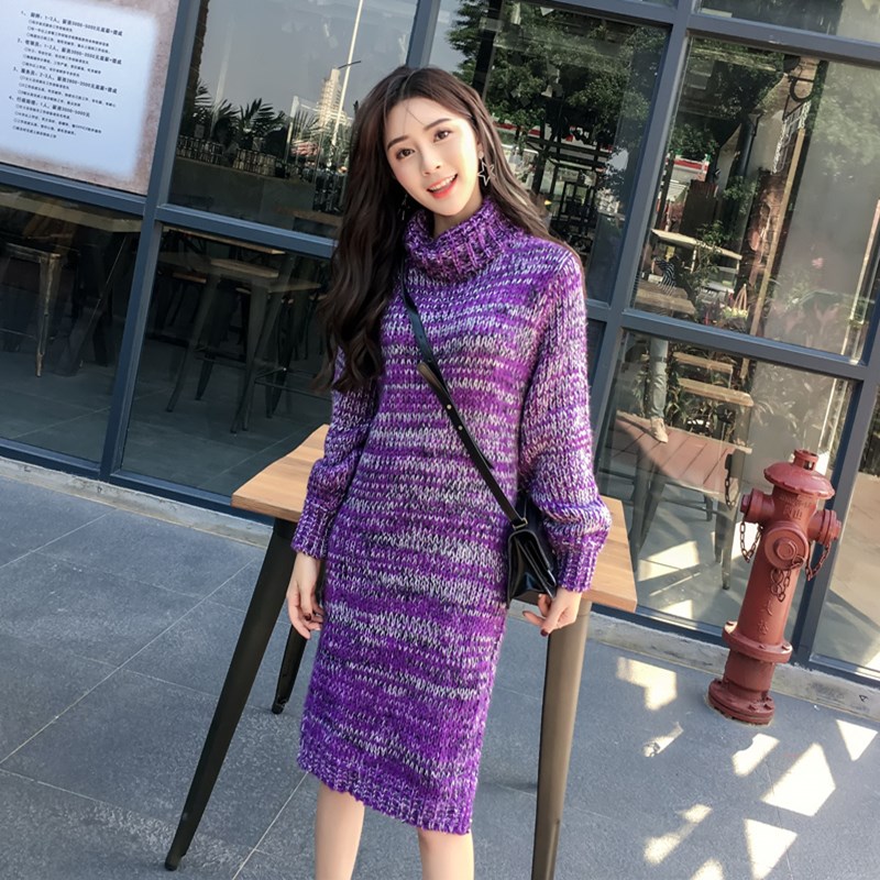 2024韩版秋冬过膝中r长款毛衣女套头高领宽松加厚粗毛线裙毛衣裙