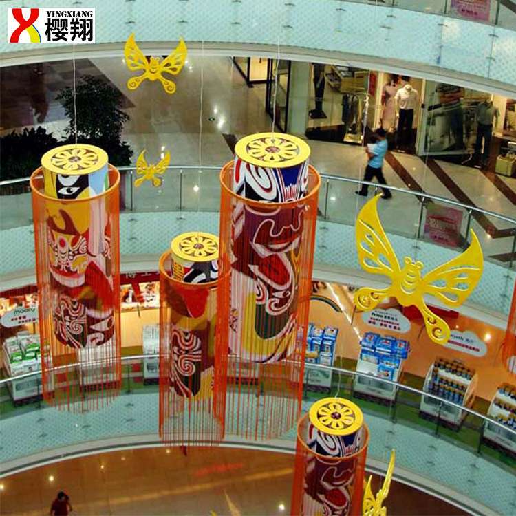 商场秋季中庭布置 京剧脸谱油画布图案写真 金色抽象蝴蝶装饰