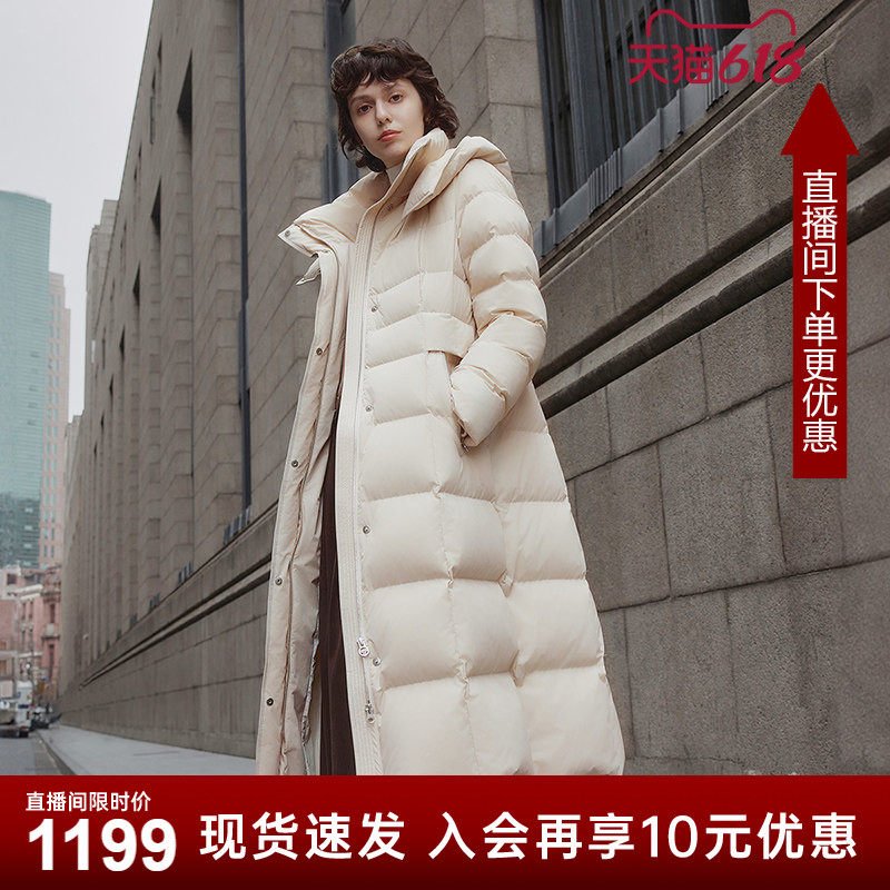 坦博尔女士羽绒服冬季长款连帽收腰显瘦加厚保暖外套鸭绒过膝-ZB