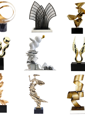 简约创意金属大理石抽象摆件售楼处酒店大堂软装V饰品雕塑摆设