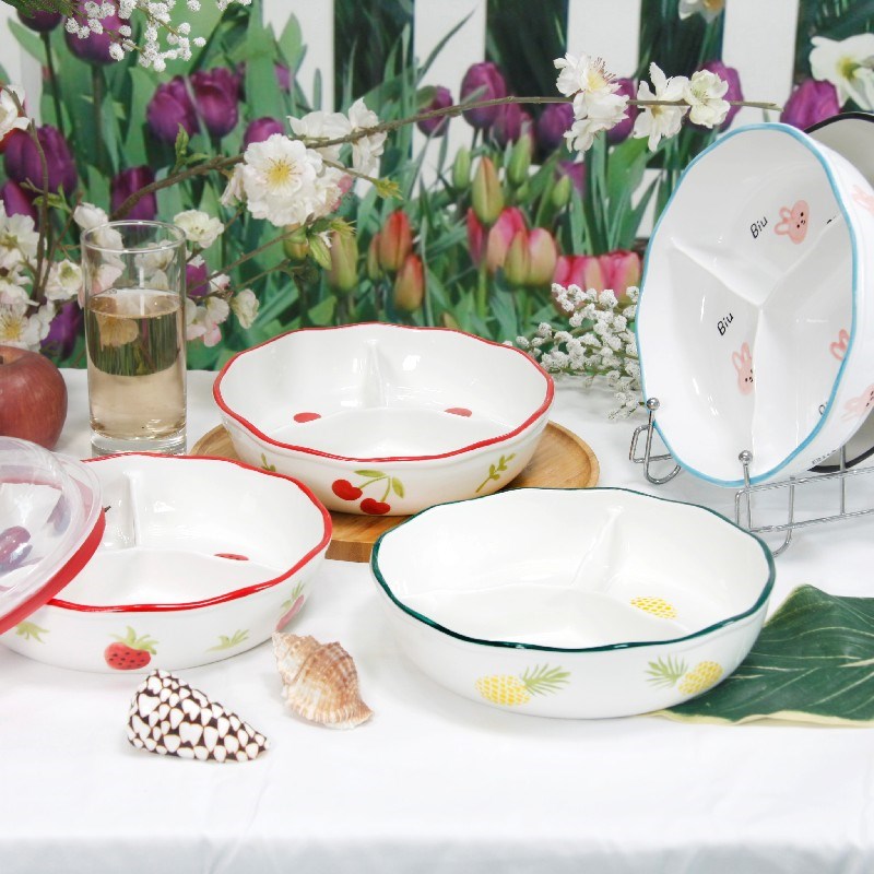 8.5寸陶瓷分餐盘网红分格盘食B堂快餐饭盒微波炉蒸锅蒸菜蒸肉神器