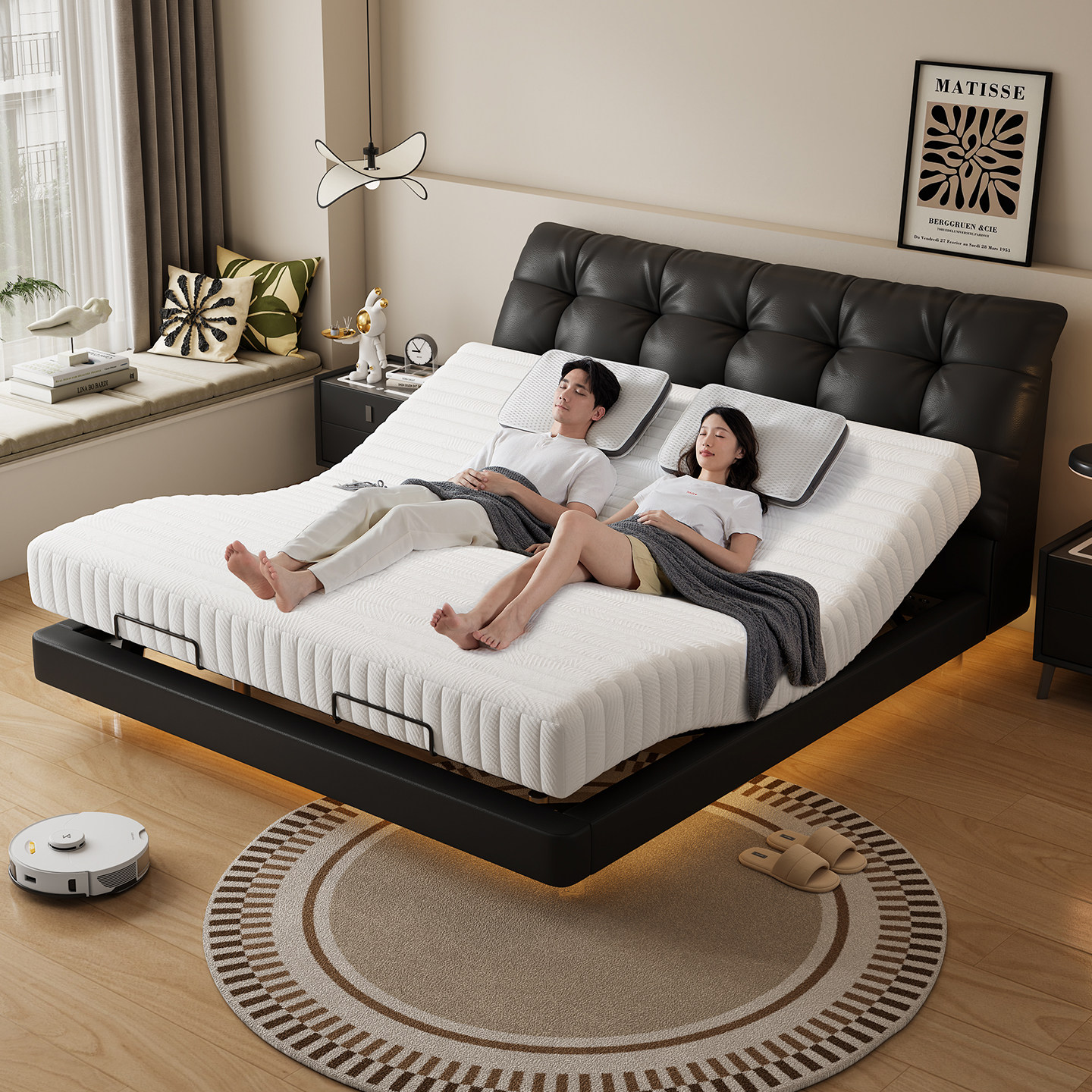 2026新款大黑熊智能床全自动真皮主卧按摩升降床多功能电动哄睡