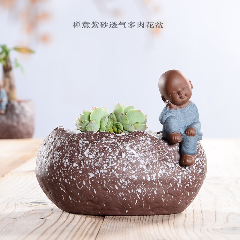禅意陶瓷彩砂紫砂茶宠多肉花盆摆件博古架绿植配饰肉肉植物花器钵