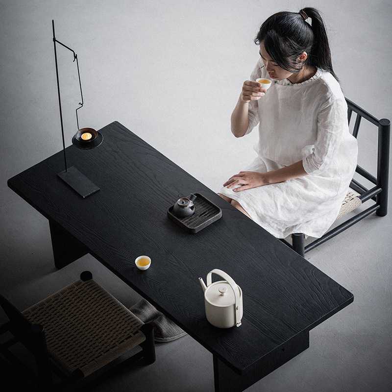 侘寂风榆木榻榻米椅子原木碳化矮凳子无腿飘窗椅日式实木靠背