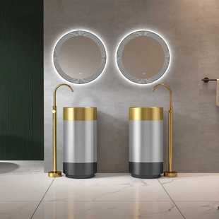 圆形不锈钢立柱式洗脸盆酒店民宿酒吧洗手台盆一体落地式水池