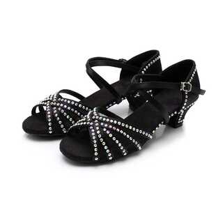 高跟拉丁舞鞋 钻缎面黑色肤色小孩跳舞鞋女童舞蹈练功鞋表演高帮