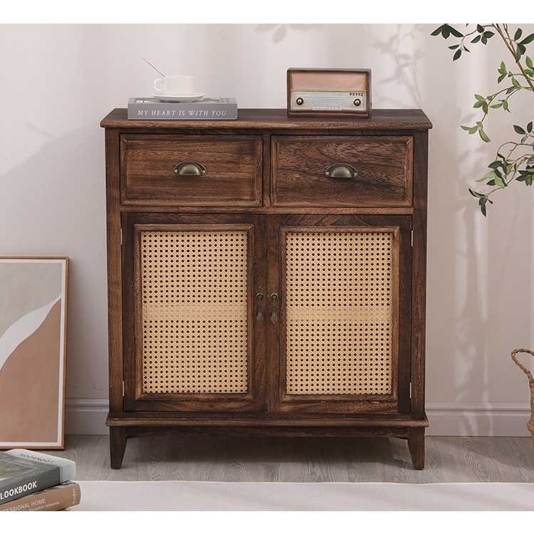 复古备家用实木带餐玄关柜餐柜柜藤编客厅水柜茶水门斗储物柜边美