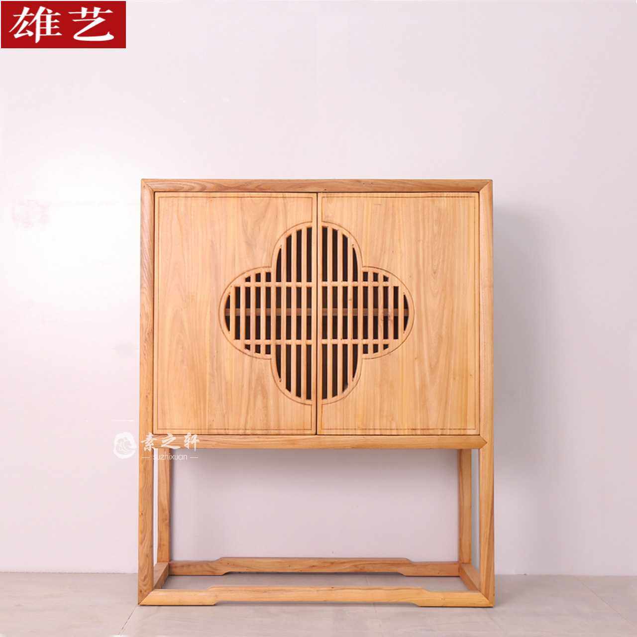 新中式餐边柜老榆木实木玄关柜客厅边柜储物柜梅花柜禅意黑胡桃木