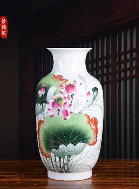 2024陶瓷花瓶名人手绘荷花大号冬瓜瓶家居陶瓷摆件工艺装饰品