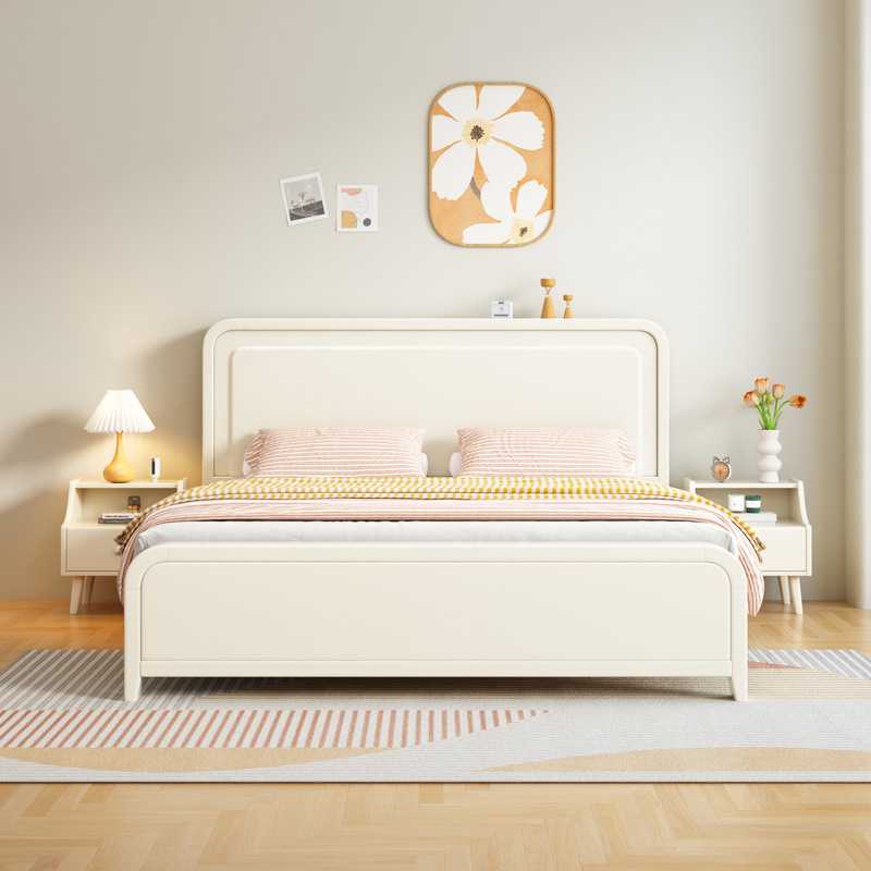 白色实木床奶油风现代简约单双人床1.8米轻奢北欧1.5m主卧高箱床