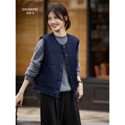 复古格子宽松立领保暖坎肩外套女