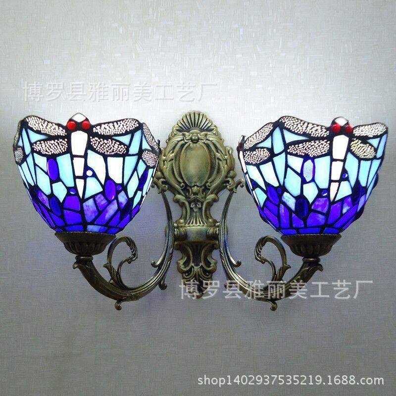 玻璃蒂凡尼灯饰蜻蜓过道壁灯led蓝色床头卧室卫生间壁灯热销
