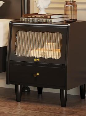 实木床头柜北欧复古玻璃黑色简约卧室收纳多功能小型床边柜