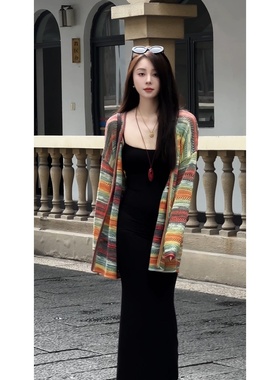 艾文文IRIS梦幻岛韩系高级感chic别致针织上衣多巴胺彩条针织外套