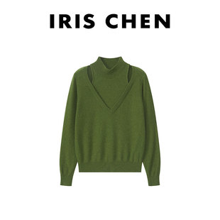 艾文文IRIS北斗星2026新款女装冬羊绒羊毛兔毛假两件露肩针织衫