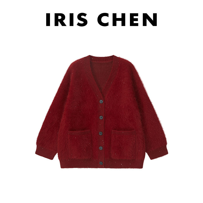 艾文文IRIS 幸运星 2026新款冬复古红色女士针织开衫上衣毛衣外套,女装/女士精品,毛针织衫,淘宝优惠券,粉丝福利购,淘宝优惠卷