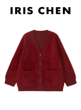 艾文文IRIS 幸运星 2025新款冬复古红色女士针织开衫上衣毛衣外套