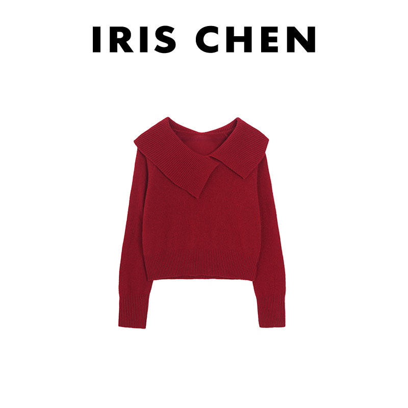 艾文文IRIS女主角2025新款冬款女装100绵羊毛翻领时尚毛衣针织衫