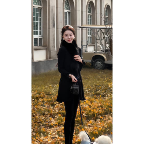 艾文文IRIS玫瑰裙 2026春“羊毛480g”女士加厚针织黑色连衣裙春