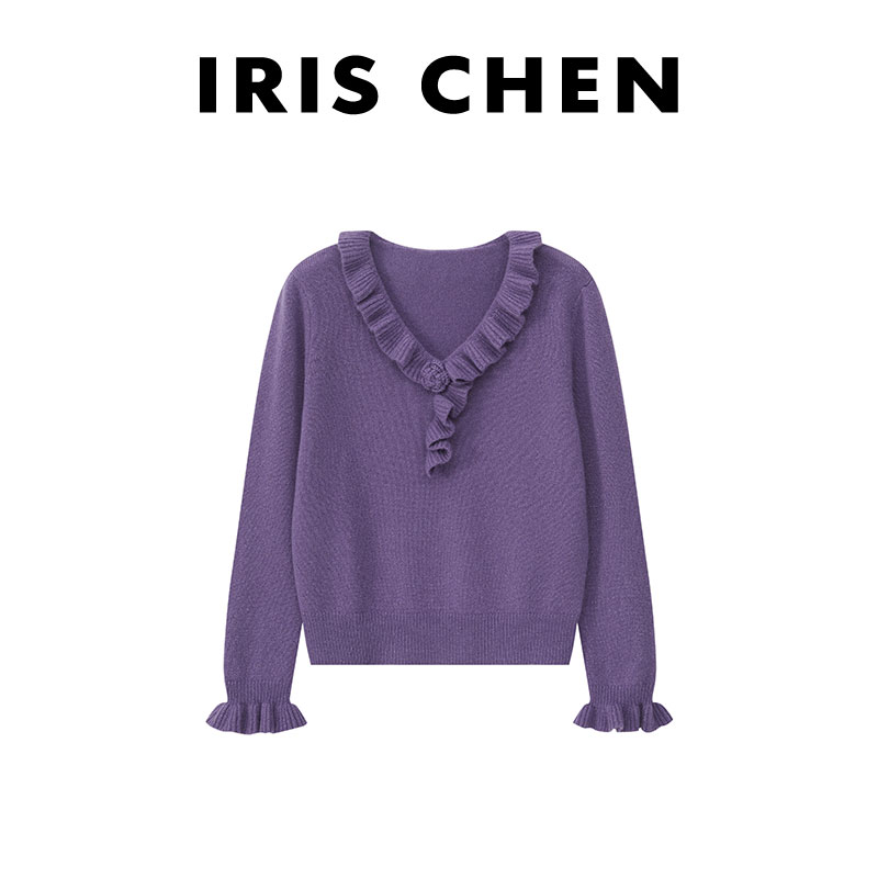 艾文文IRIS 丘比特 2025冬“精纺绵羊毛260g”花领袖针织衫
