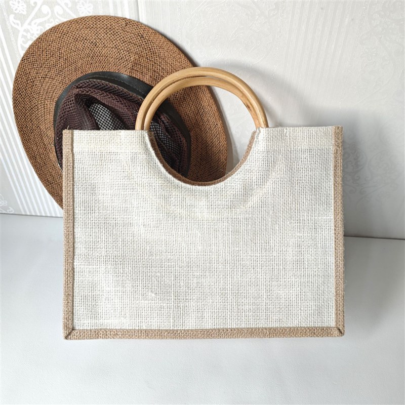 新款手提麻布袋复古藤木圆提手礼品包棉帆布O拼接粗麻布袋现货价