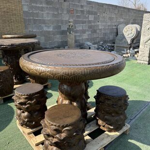 石桌石凳庭苑花园仿古圆形石头桌子庭院户外青石桌椅花园棋盘园林