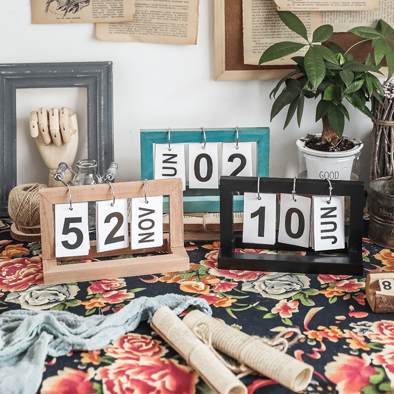 桌面台历复古布置摆设木质客厅装饰摆件日历家居饰品办公室房间