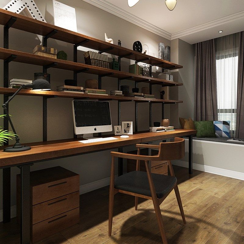 loft美式实木电脑桌子书房书桌带书架组合桌卧室电脑台式桌子家用