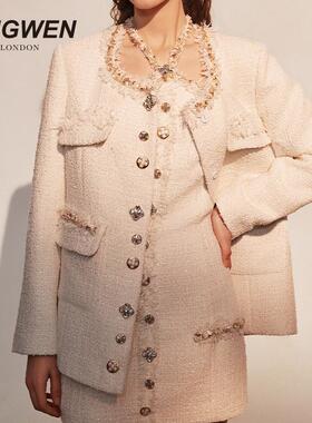 【明星同款】KINGWEN25秋冬编织方领外套名媛气质粗花呢高级镶钻