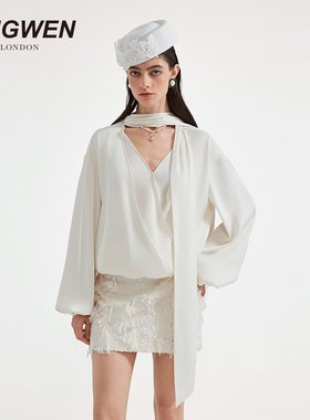 【何浩楠同款】KINGWEN26早春绸缎V领飘带衬衫男女千金风轻奢上衣