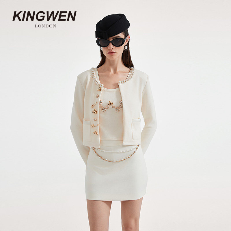 【明星同款】KINGWEN26春白色针织开衫钻饰套装女轻奢吊带半身裙,女装/女士精品,时尚套装,淘宝优惠券,粉丝福利购,淘宝优惠卷