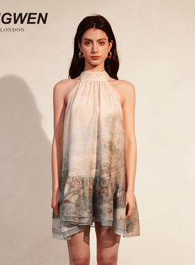 【祝绪丹 孟子义同款】KINGWEN挂脖连衣裙女缎面无袖海边度假长裙