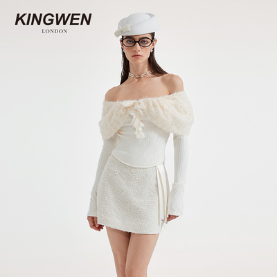 KINGWEN一字露肩针织拼接上衣