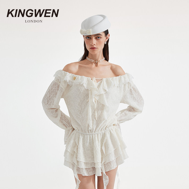 【林允同款】KINGWEN25秋季连衣裙女一字肩不规则丝带连身中短裙,女装/女士精品,连衣裙,淘宝优惠券,粉丝福利购,淘宝优惠卷