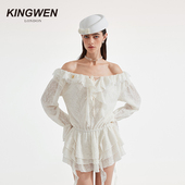 KINGWEN25秋季 林允同款 连衣裙女一字肩不规则丝带连身中短裙