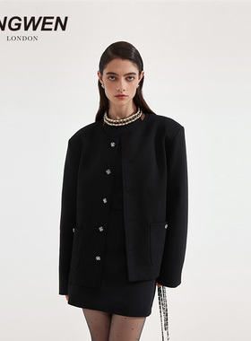 【高卿尘同款】KINGWEN25冬季新款黑色廓形外套男女同款无领轻奢