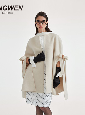 【明星同款】KINGWEN25冬季毛呢斗篷披肩女羊绒毛大衣飘带千金风