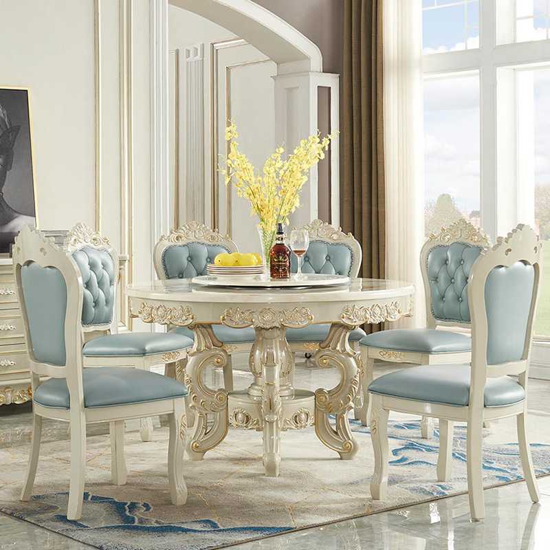 欧式餐桌椅组合大理石圆桌带转盘6人8人家用实木雕花豪华圆形饭桌