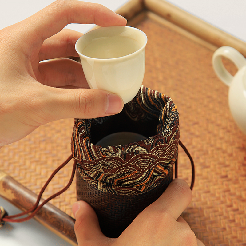 竹编杯笼藤编茶杯袋迷你旅行功夫茶具收纳包小束口便携棉麻主人杯